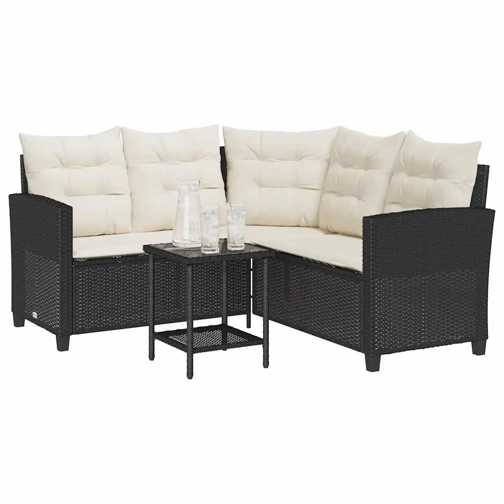 Divano da Giardino con Tavolo e Cuscini a L Nero in Polyrattan