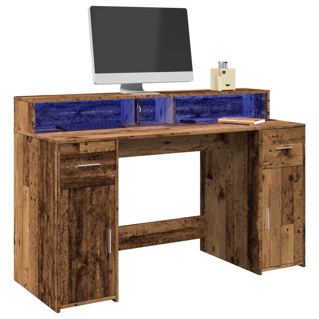Scrivania con Luci LED Legno Antico 140x55x91 cm in Multistrato