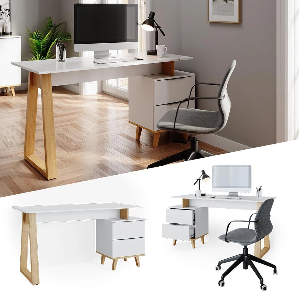 Scrivania Nautica, Bianco, 138 x 60 cm con cassetti L, adatto per postazioni di lavoro al computer e uso in home office