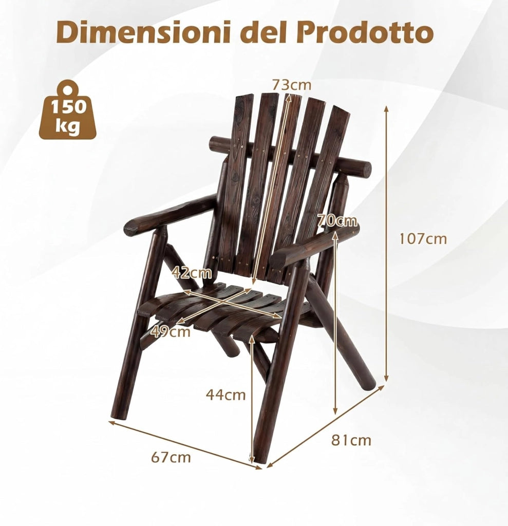 Sedia da Giardino Singola, Poltrona da Esterno in Legno con Braccioli, Schienale Alto, Portata 150 kg, Panca da Giardino Adirondack per Terrazza e Cortile, 67 x 81 x 107 cm (Marrone)