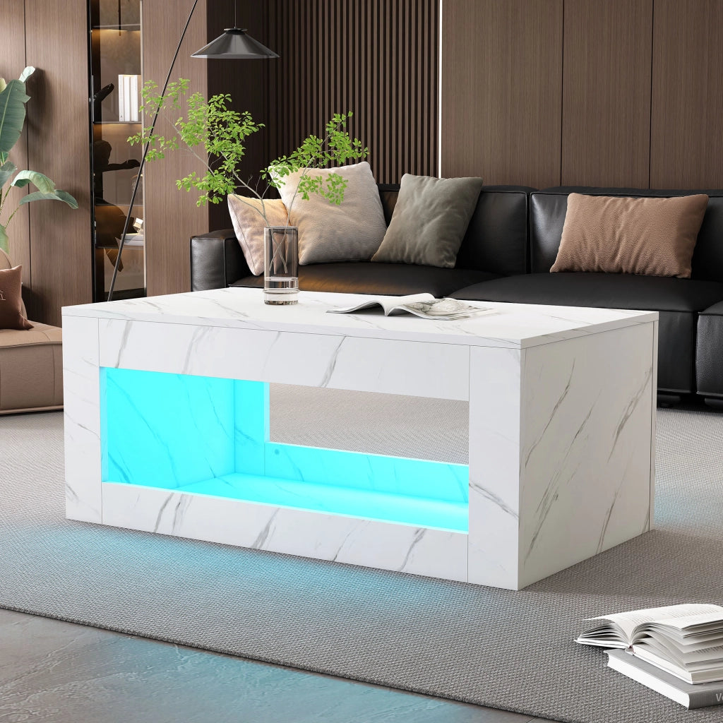 TAVOLO DA CAFFÈ LED 100x50x50 cm Bianco Effetto Marmo Lucido