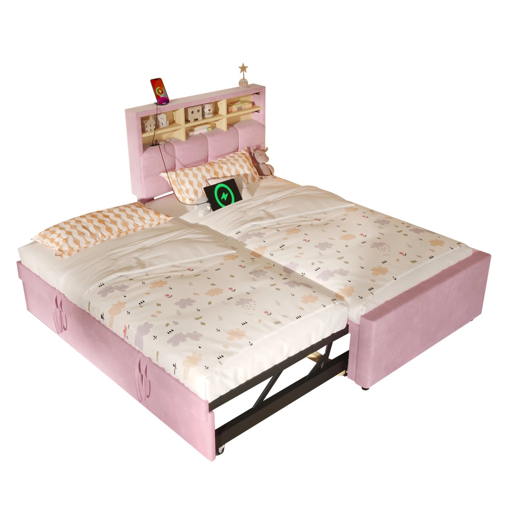Letto singolo 90x200 cm rosa in velluto con letto estraibile per ospiti e prese USB