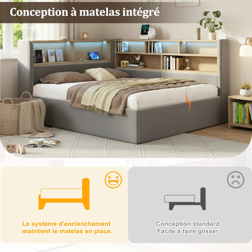 Letto contenitore 140x190 cm con sollevamento idraulico; LED; prese USB e rivestimento in velluto grigio