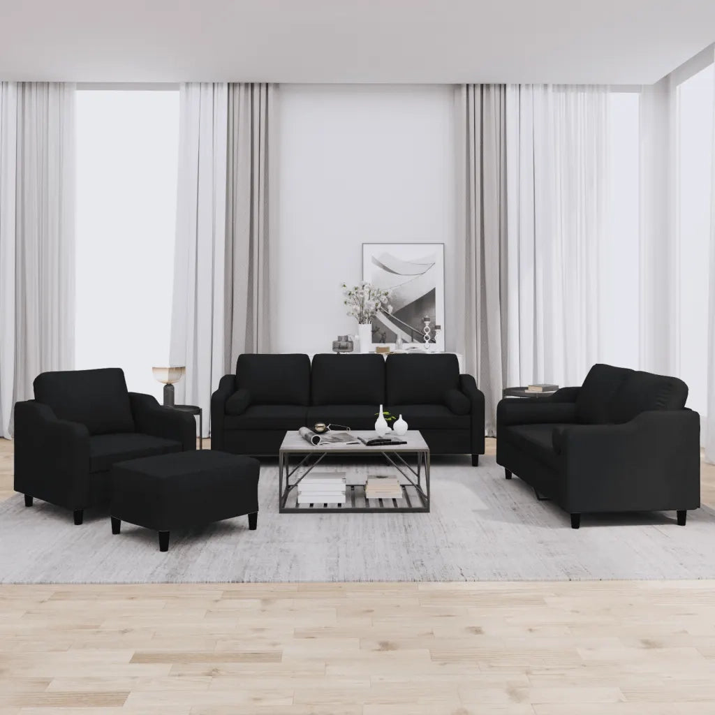Set Divani 4 pz con Cuscini Nero in Tessuto