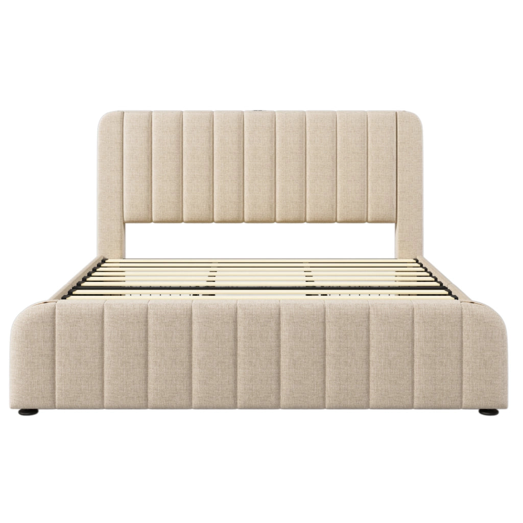 letto matrimoniale 180¡Á200 cm, imbottito, con presa USB/Type-C per la ricarica, 4 cassetti, beige