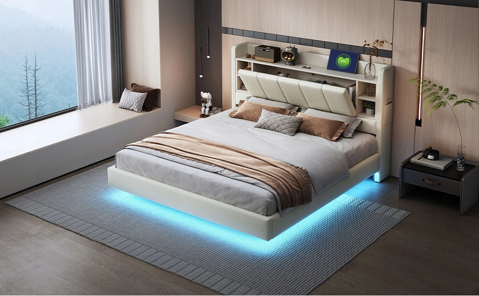Letto imbottito matrimoniale - Xylo - 160x200 - beige - USB e illuminazione