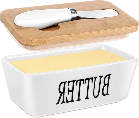 Vaso per burro con coperchio in legno e contenitore per burro in ceramica - 350 g - multifunzionale - adatto per frigorifero - cucine domestiche e ristoranti - conservazione del burro