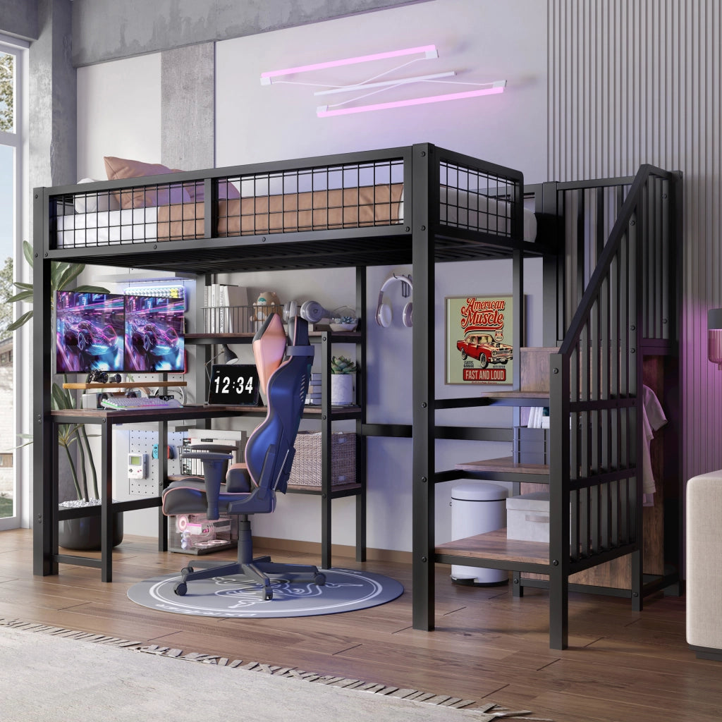 LETTO a soppalco 90x200 cm in metallo e MDF nero/marrone con scrivania