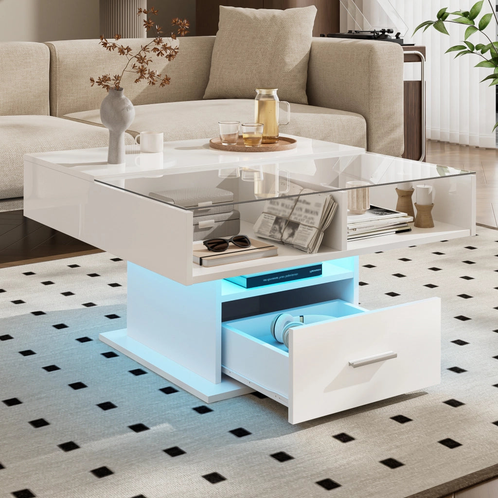 Tavolino da Salotto Sollevabile con 1 Cassetto e 1 Vano e LED; Finitura Lucida; in Pannelli di Truciolare; Bianco