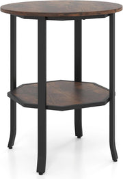 Tavolino Laterale Rotondo a 2 Livelli, Tavolino da Salotto Industriale con Ripiano di Stoccaggio, Struttura in Metallo, Comodino Moderno per Soggiorno e Ufficio, 50 x 50 x 61 cm (Marrone)