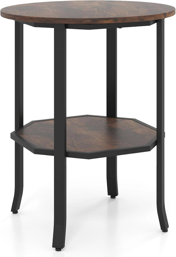 Tavolino Laterale Rotondo a 2 Livelli, Tavolino da Salotto Industriale con Ripiano di Stoccaggio, Struttura in Metallo, Comodino Moderno per Soggiorno e Ufficio, 50 x 50 x 61 cm (Marrone)