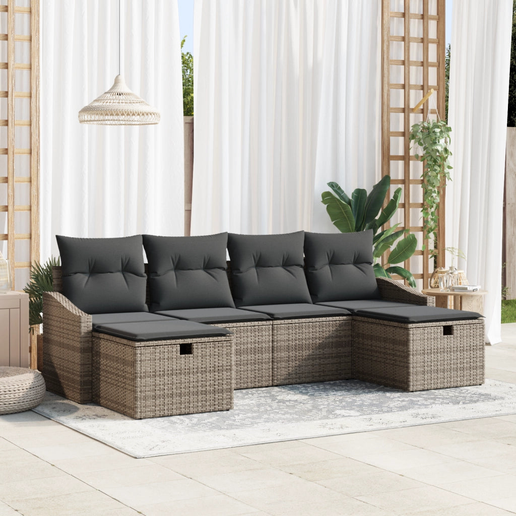 Set Divano da Giardino da 6 pezzi con Cuscini Grigio Polyrattan