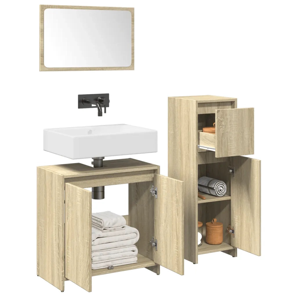 Set Mobili da Bagno | Armadio da bagno 3 pz Rovere Sonoma in Legno Multistrato