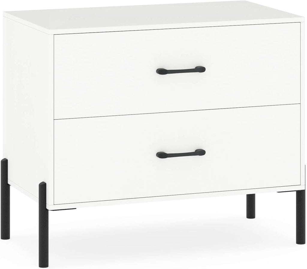 Comodino, piccolo comò con 2 cassetti, comodino in legno con gambe in metallo, protezione antiribaltamento, tavolino salvaspazio con spazio per corridoio, soggiorno, camera da letto, 71 x 41 x