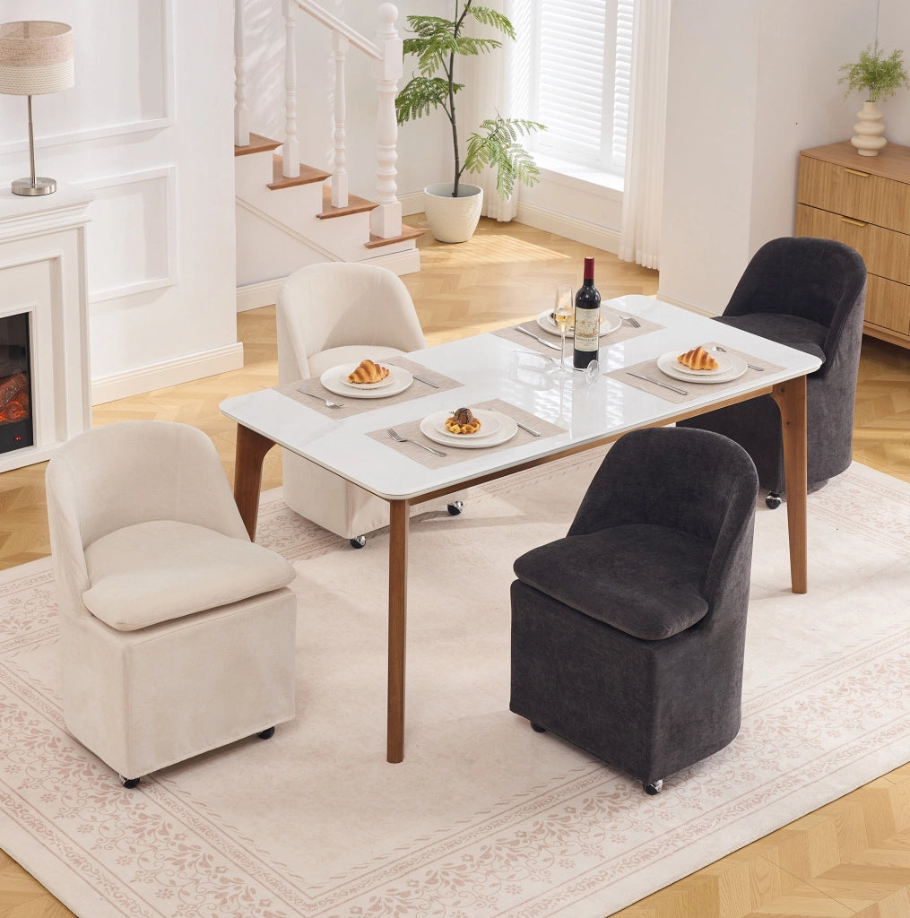 Set 2 sedie da pranzo in ciniglia grigia con ruote 360°
