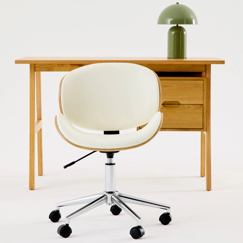 Sedia da ufficio con rotelle, effetto legno curvato e similpelle,