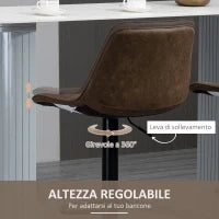 Set 2 Sgabelli da Bar con Altezza Regolabile e Girevoli, Rivestimento in Finta Pelle, Marrone Scuro