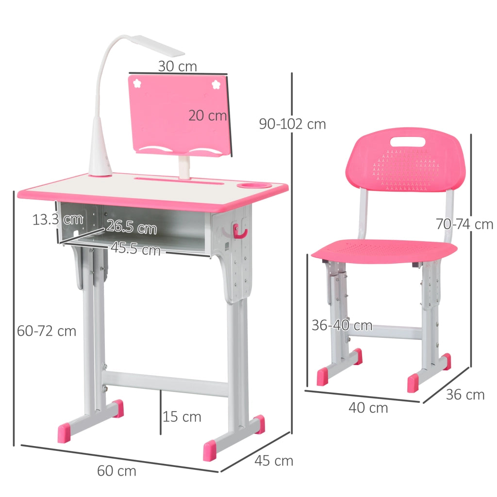 EasyComfort Set Scrivania e Sedia per Bambini 6-12 Anni ad Altezza Regolabili, Banco Scuola con Lampada, Cassetto, Gancio, Portapenne e Leggio, Set Banco con Sedia per Bambini in Acciaio e MDF, Rosa