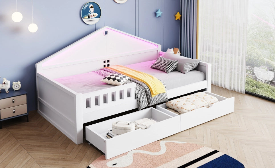 Letto singolo 90×200 cm in legno con cassetti e illuminazione LED, base a doghe, bianco