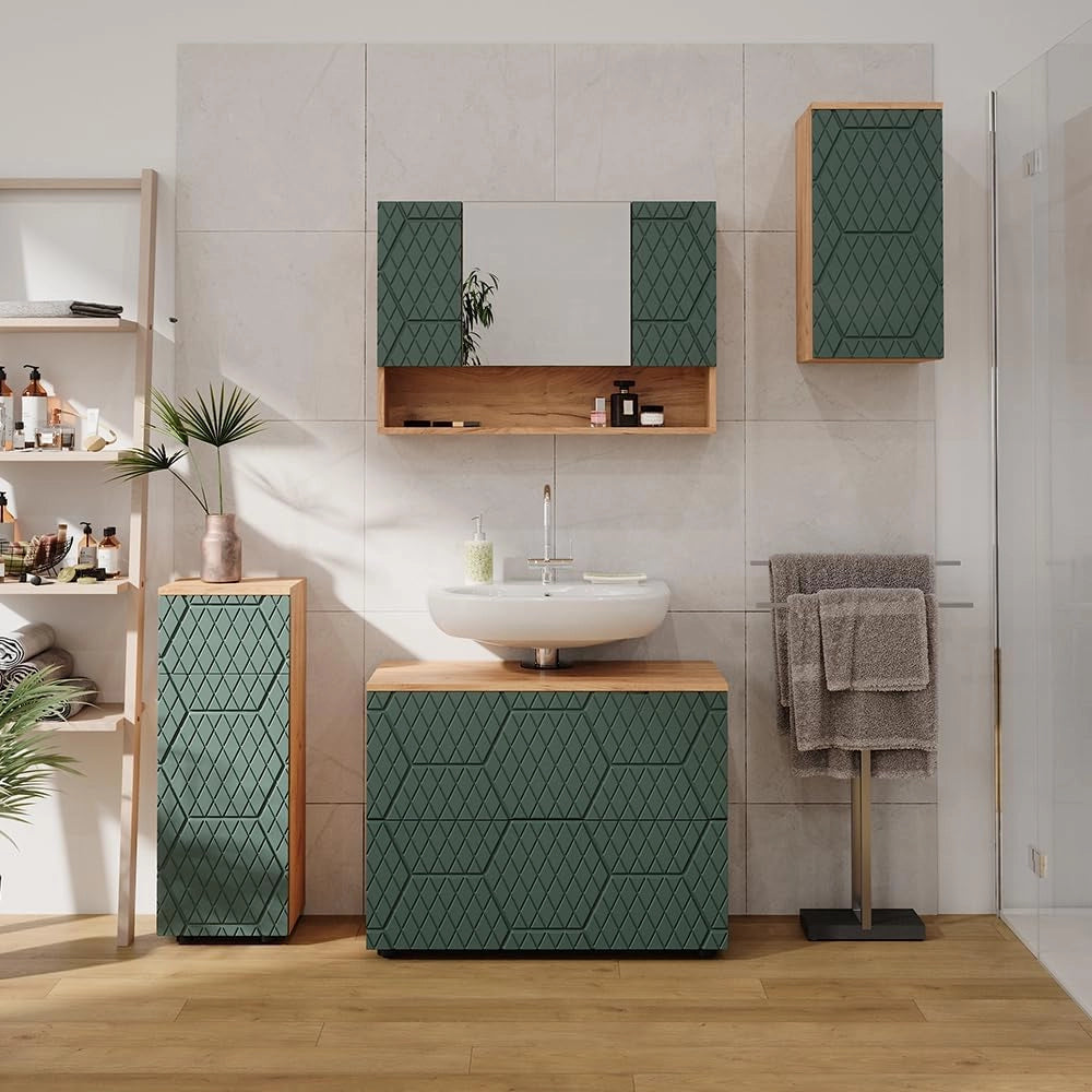 Mobile da bagno con specchio Irma, Quercia verde/oro, 80.1 x 55 cm, con specchio e ripiani aperti per montaggio a parete