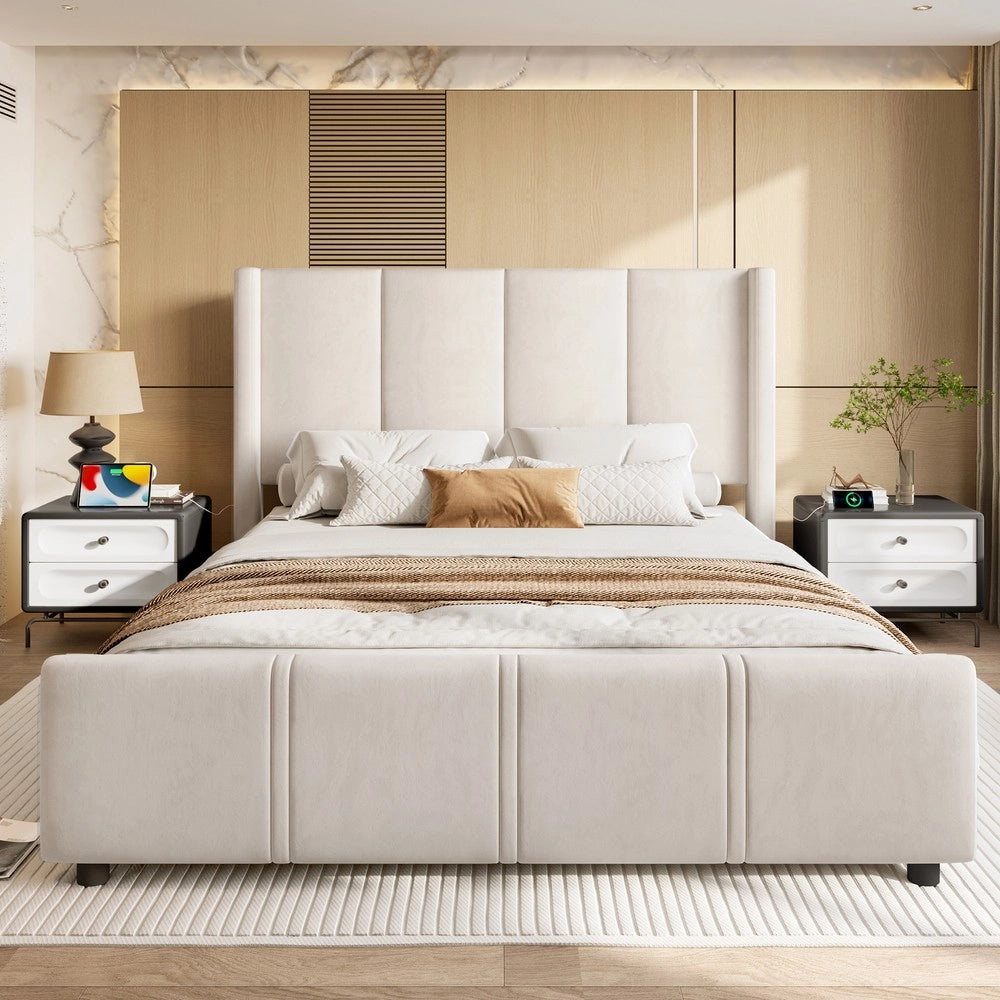 Letto Imbottito con Testiera e Pediera ¨C MINIMAL ¨C Beige, Metallo e Legno, 140x200