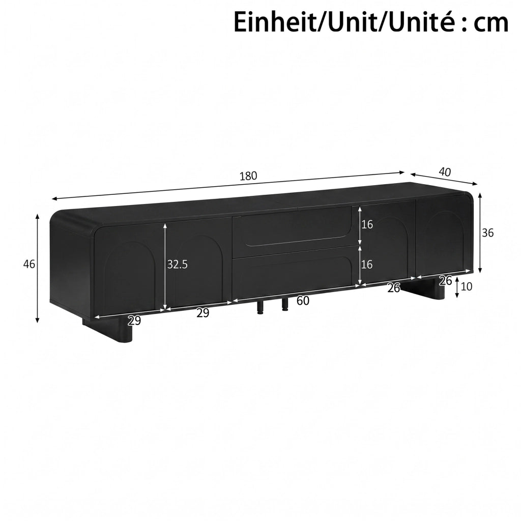 Mobile TV basso nero 180x40x46 cm con 4 ante; 2 cassetti e passacavi