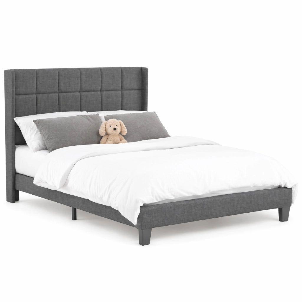 Letto matrimoniale imbottito 140x200 cm con rete a doghe e materasso a molle insacchettate, grigio