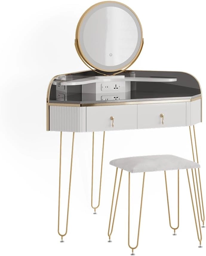 Tavolo da trucco ad angolo Amira, Bianco lucido, 99 cm con specchio LED, sgabello e USB, adatto per essere posizionato salvaspazio negli angoli della stanza