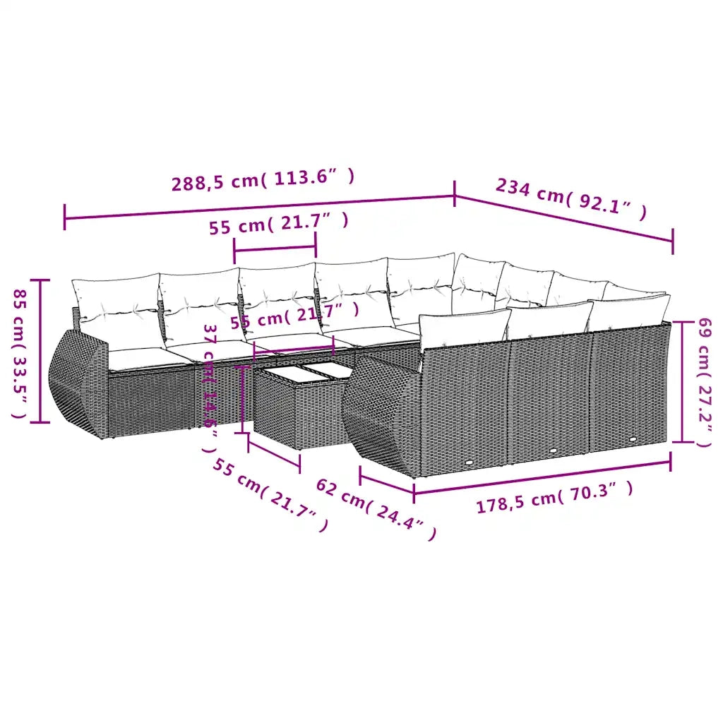 Set Divani da Giardino 11 pz con Cuscini Grigio in Polyrattan 3221900
