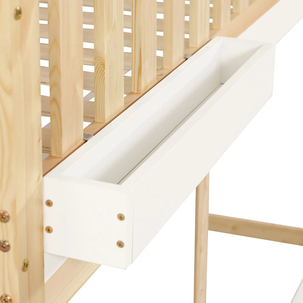 Letto a Soppalco per Bambini con Cassetti e Lavagnetta ¨C Xylo ¨C Pino e MDF, Bianco/Naturale, 90x200cm