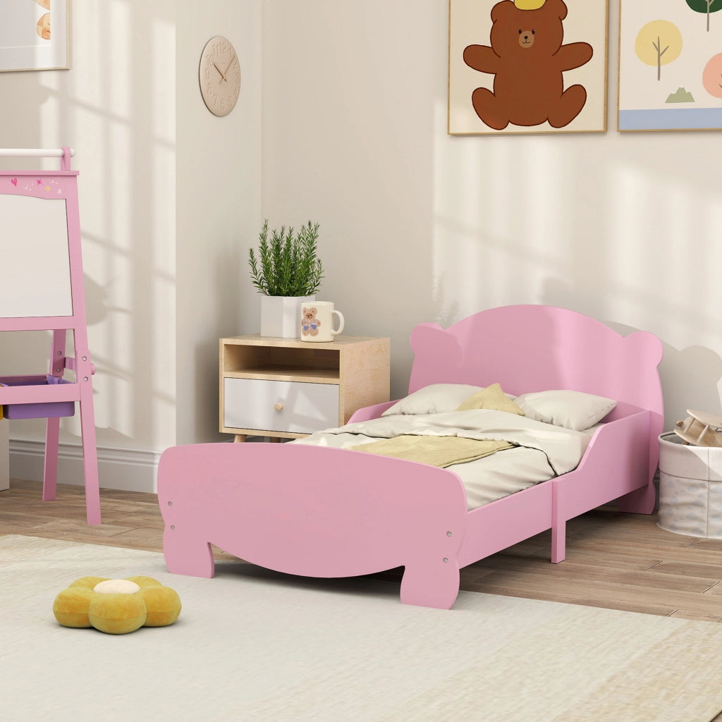 Letto Singolo per Bambini con Sponde Anti-Caduta ¨C zephmum ¨C Legno, Rete a Doghe, Orso, Rosa, 140x70 cm