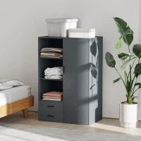 Armadio Moderno con 2 Cassetti, Ripiani Aperti e Vano Appendiabiti, 80x50x124 cm, Grigio Scuro