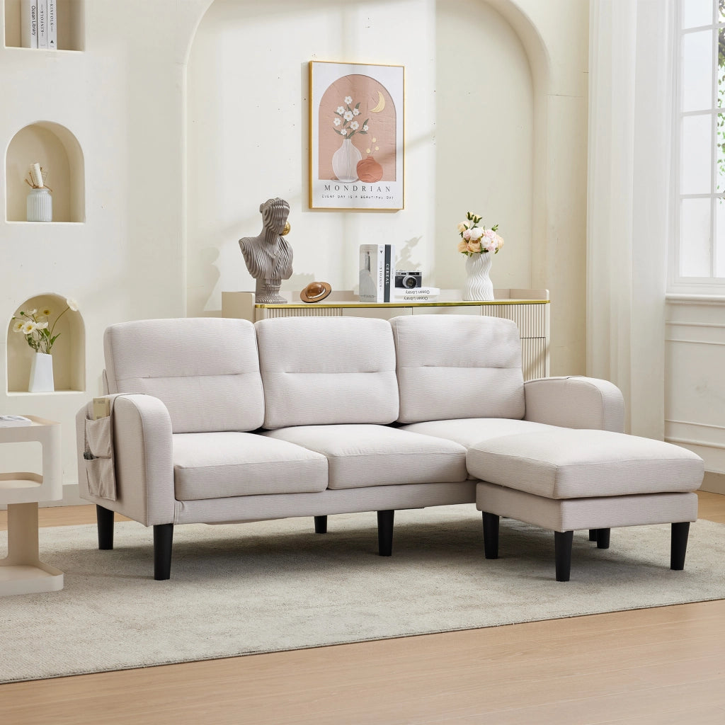 Divano angolare a L 3 posti con chaise longue e tasche laterali, beige, 204x136x80 cm