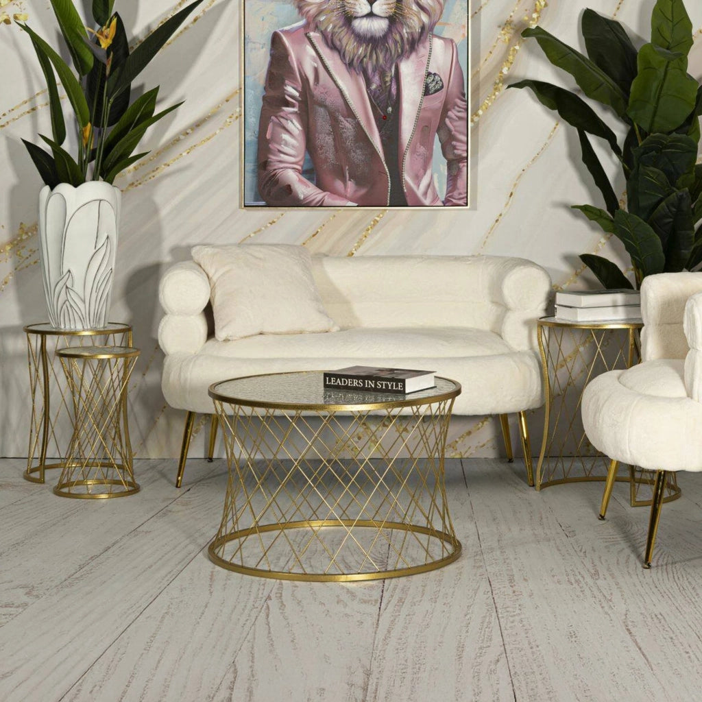 Set di 4 tavolini da salotto Cabiaglio, Tavolo basso da caffè, Portariviste per divano, Ripiano da soggiorno, 70x70 h55 cm, Oro