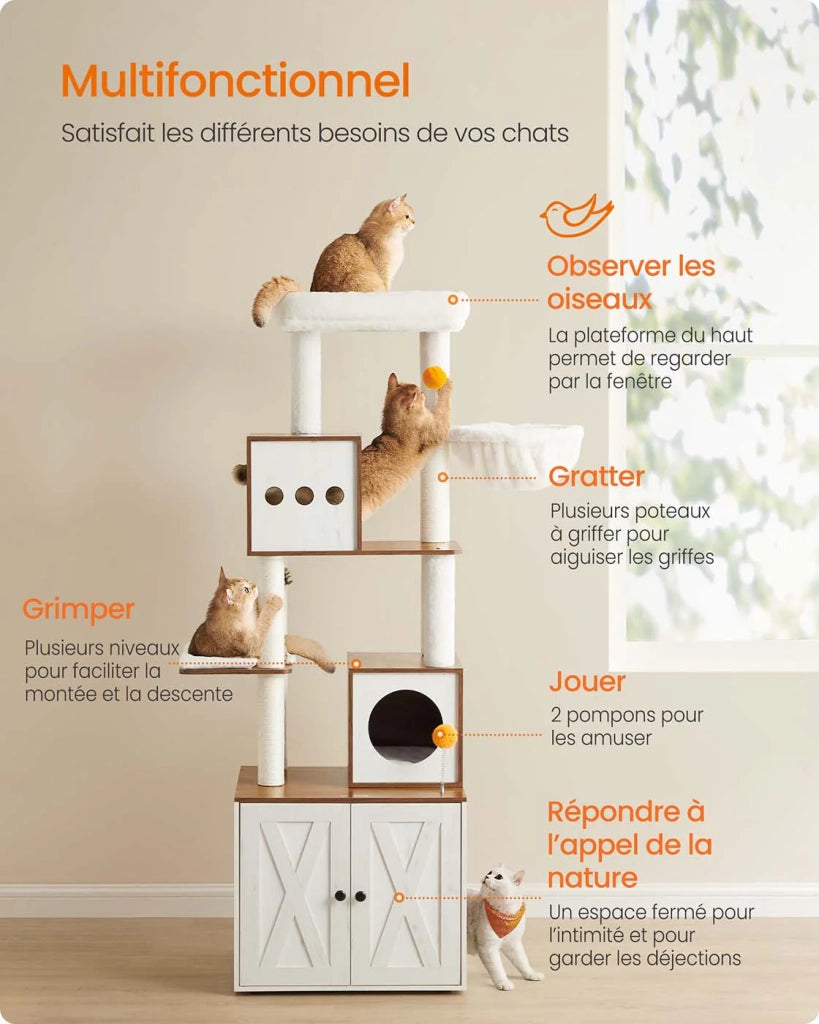 Tiragraffi moderno con copertura per lettiera torre gioco tiragraffi con lettiera 185 cm nascondiglio piattaforma tappetini lavabili beige 12_0003867