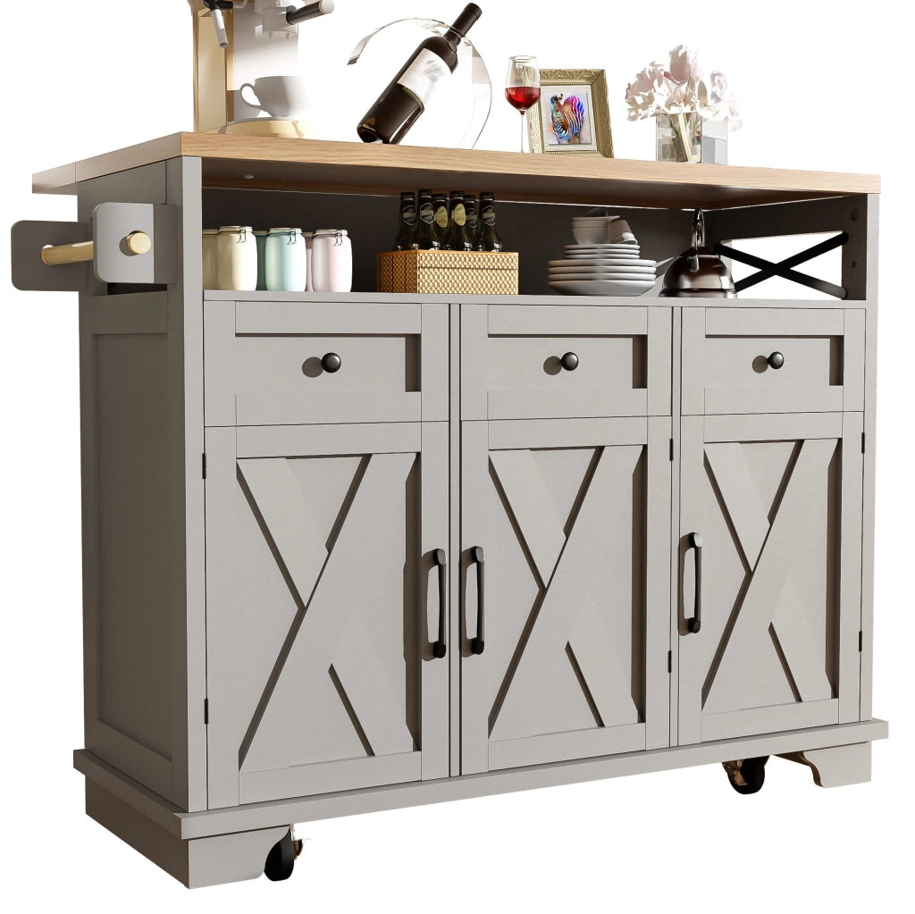 Isola cucina 118x43-80x98 cm con piano pieghevole e ruote in MDF e metallo grigio