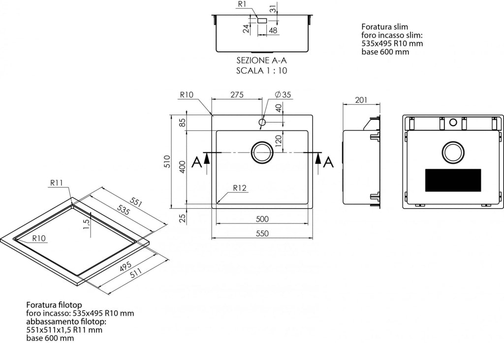 Lavello da incasso in acciaio inox a una vasca con foro per miscelatore 55x51cm Coveh 