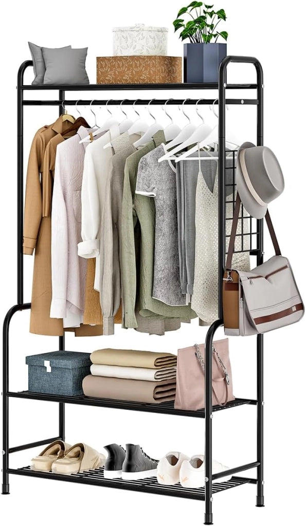 Stand Appendiabiti in Metallo,Stendino durevole salvespazio di grande capacità con piu scaffali conDesign a doppia asta di sospensione,grande capacita di stoccaggio,74 * 40 * 168cm,Bianco