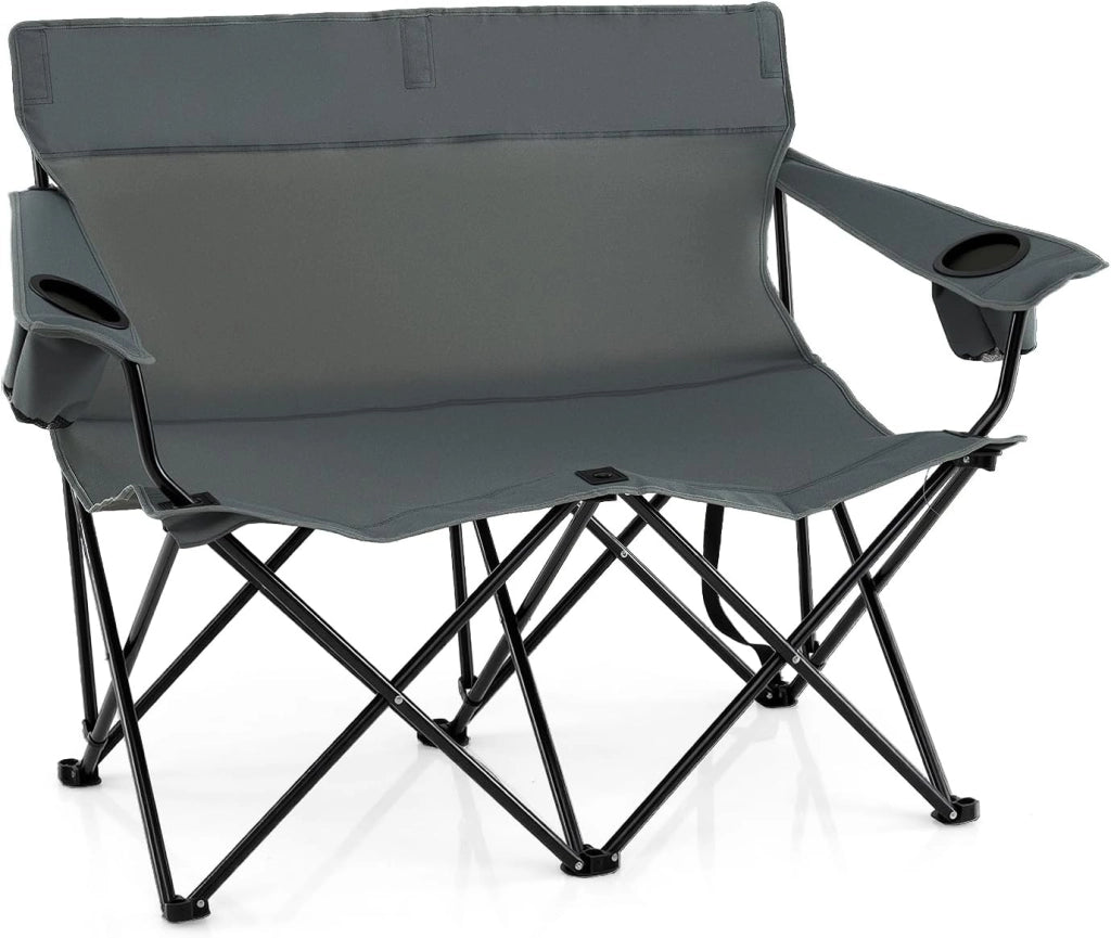 Sedia da Campeggio Doppia, Poltrona Pieghevole per 2 Persone con Portabicchieri, Borsa per il Trasporto, Sedia da Giardino Portatile per Spiaggia, Picnic, Pesca, Portata 300 kg (Grigio)