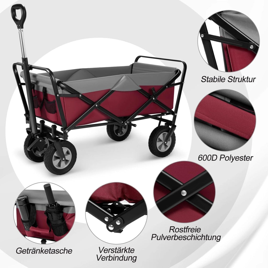 Carrello da Giardino Pieghevole, con Maniglia Regolabile, Carrello da Spiaggia Portatile con Tasche Laterali per Spesa, Picnic, Adatto a Vari Suoli, Portata 80 kg, Fucsia+Grigio