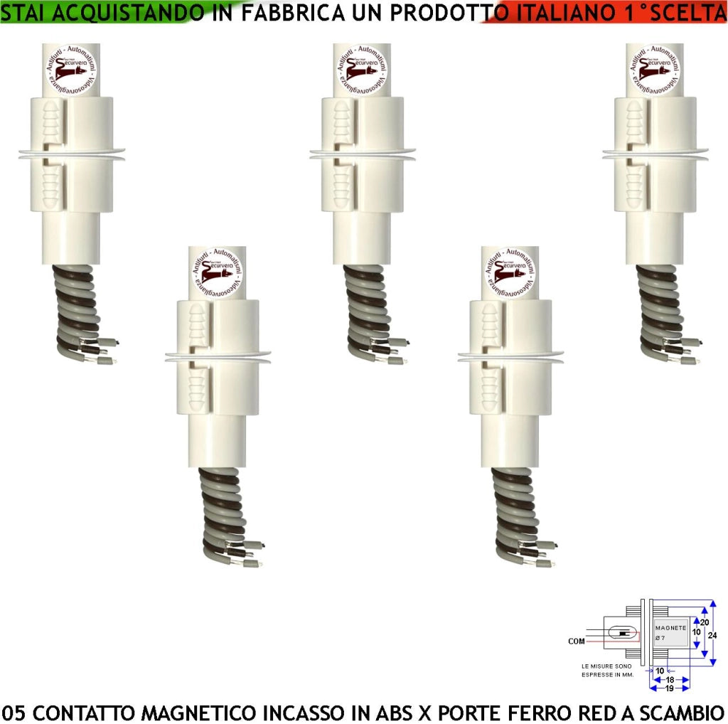 Rilevatori Magnetici In ABS da Incasso 5 Contatti Reed a Scambio Rileva Posizione Porta in Ferro Allarme Campo Lavoro 15 mm 3 Fili C.NC.NA Corrente Max 30 V 10 W Fissaggio a Scomparsa Protezione IP67