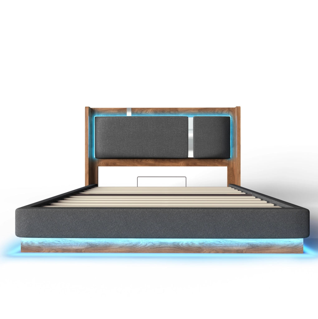 Letto matrimoniale imbottito 180x200 cm con LED e vano contenitore