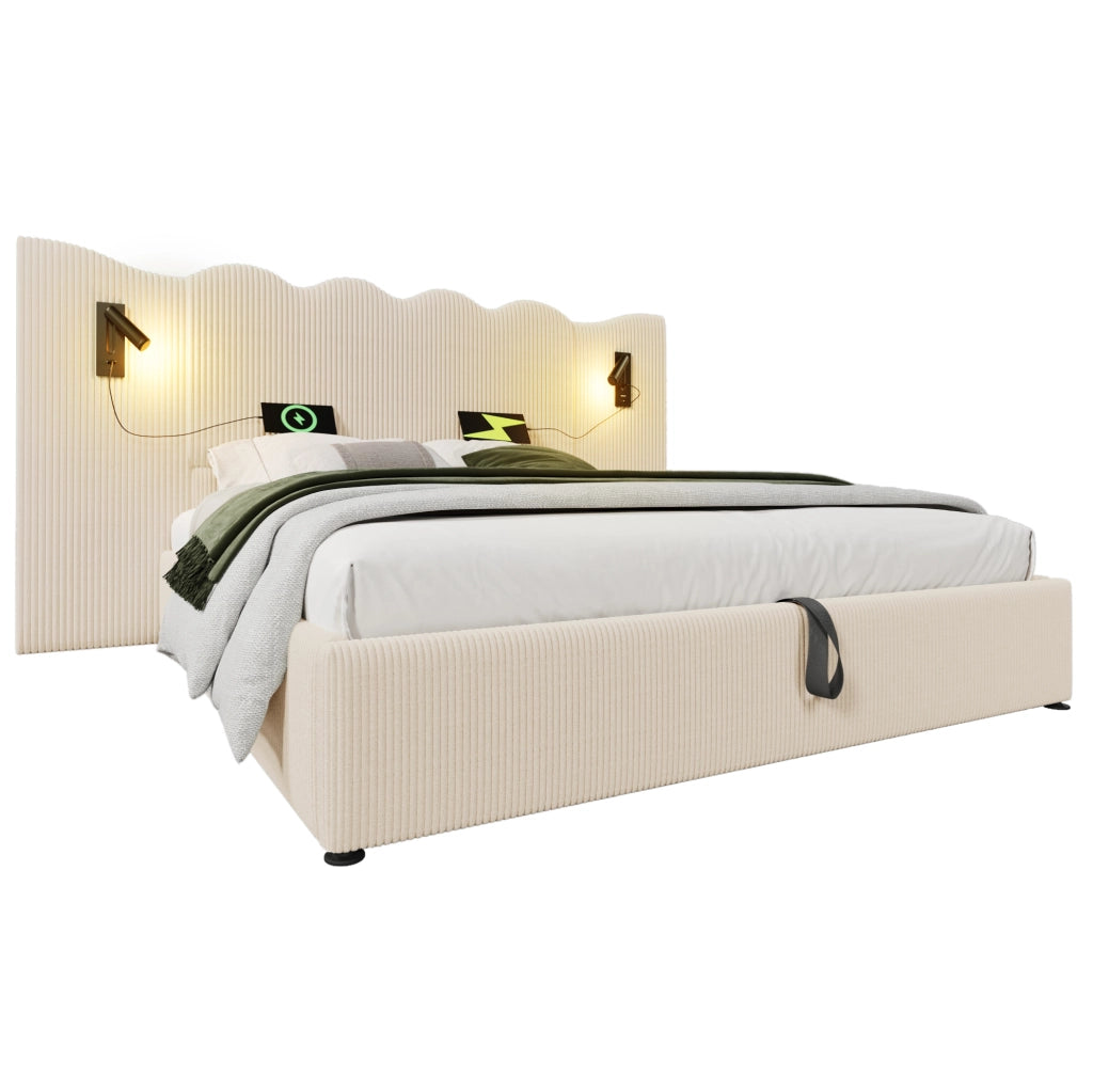 Letto matrimoniale con contenitore 180x200 cm; lampada orientabile; USB e Type-C; velluto a coste beige