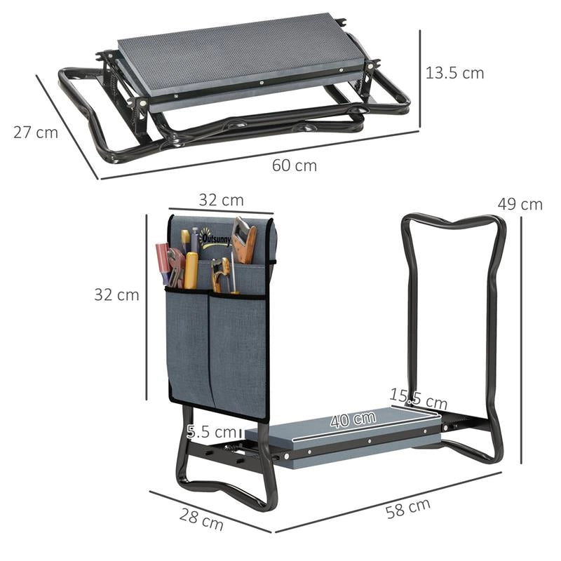 SEDIA INGINOCCHIATOIO 2 IN 1 IN ACCIAIO CON BORSA PORTAOGGETTI E CUSCINO IN EVA, 58X28X49 CM, GRIGIO E NERO