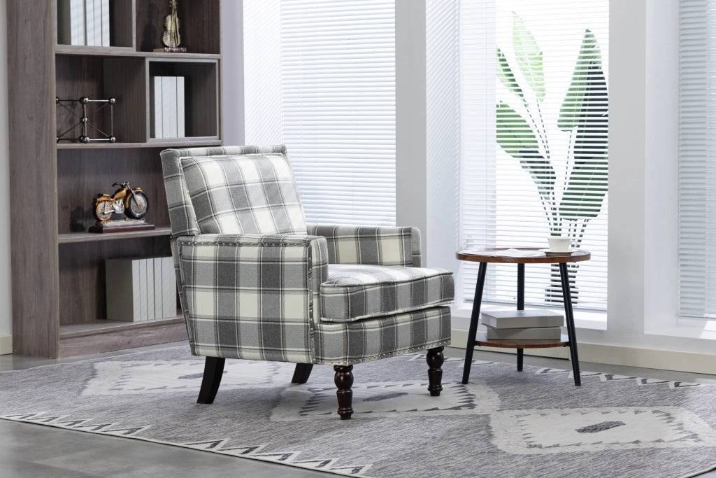 Sedia accent in stile vintage con rivestimento a righe bianco e grigio, struttura in legno e montaggio facile