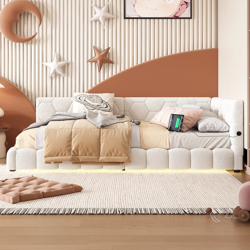 Letto da giorno 90x200 cm con luci LED; USB e Type-C; bianco