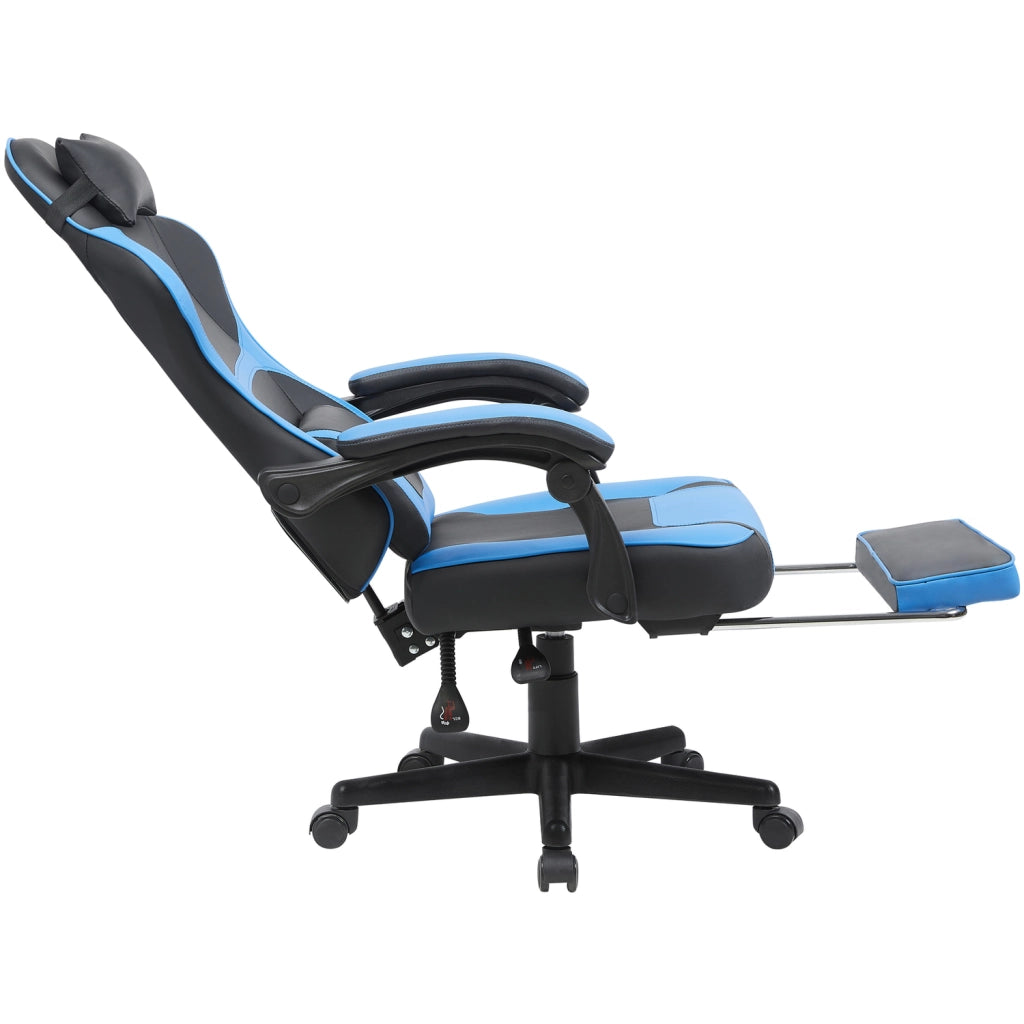 Chaise da ufficio gaming con tasca portaoggetti sul retro e cilindro pneumatico, in PVC nero e blu
