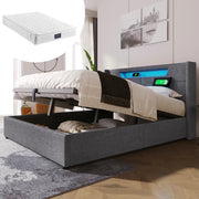 LETTO imbottito 160x200 cm in tessuto grigio con LED e porte USB Type C