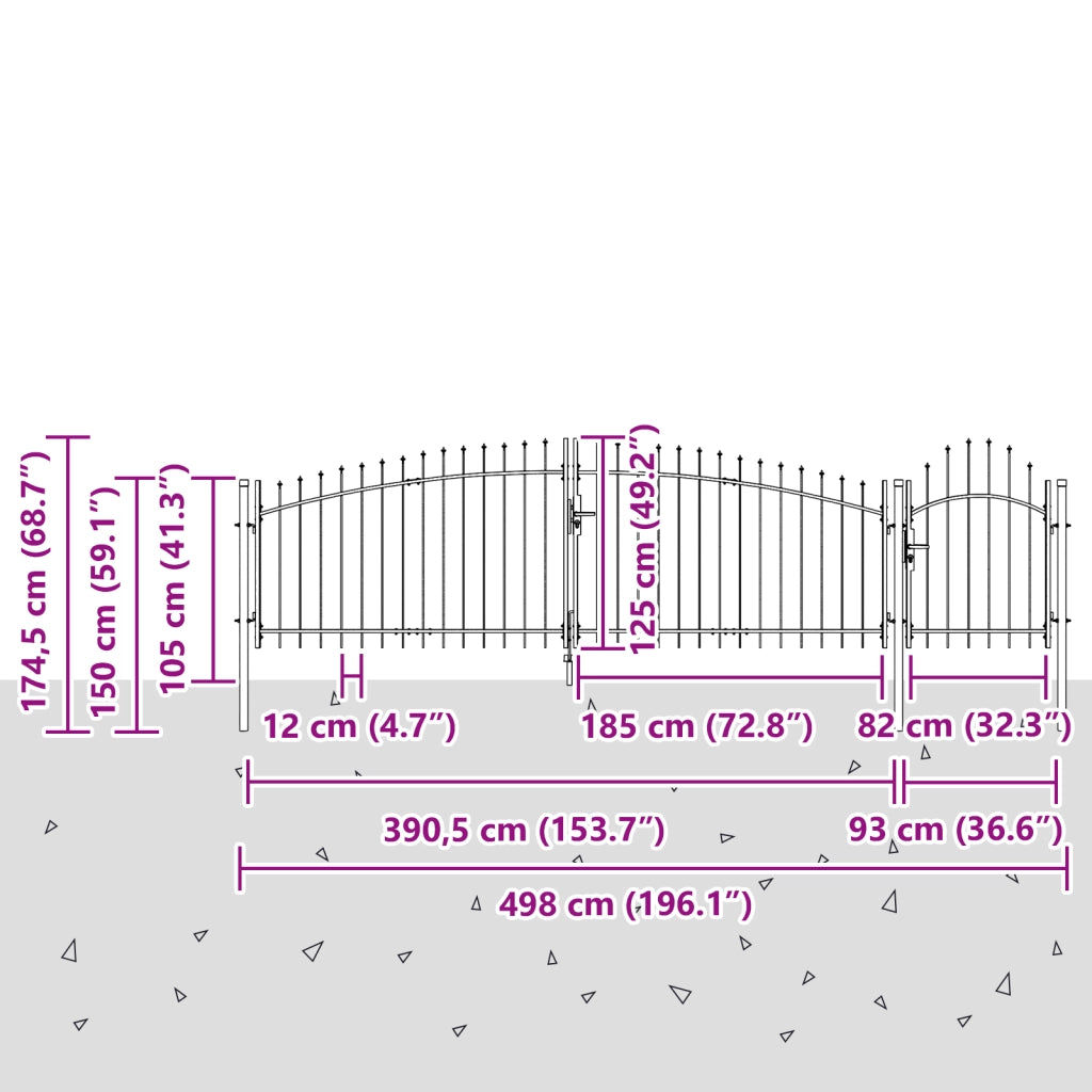 Porta da Giardino con Punta a Lancia Grigia 125x500 cm Acciaio
