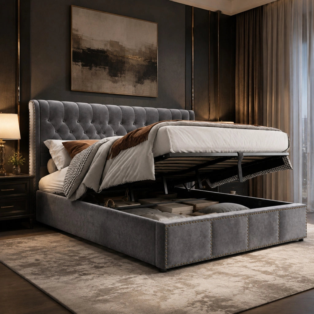 LETTO Contenitore 160x200 cm in Velluto Grigio con testiera e dettagli in rivetti
